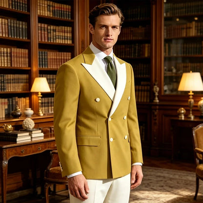 Classic Men's Tuxedo Jacket White Peak Lapel Patched Double Breasted Slim Fit Blazer for Business Formal Wedding Groom Prom Coat