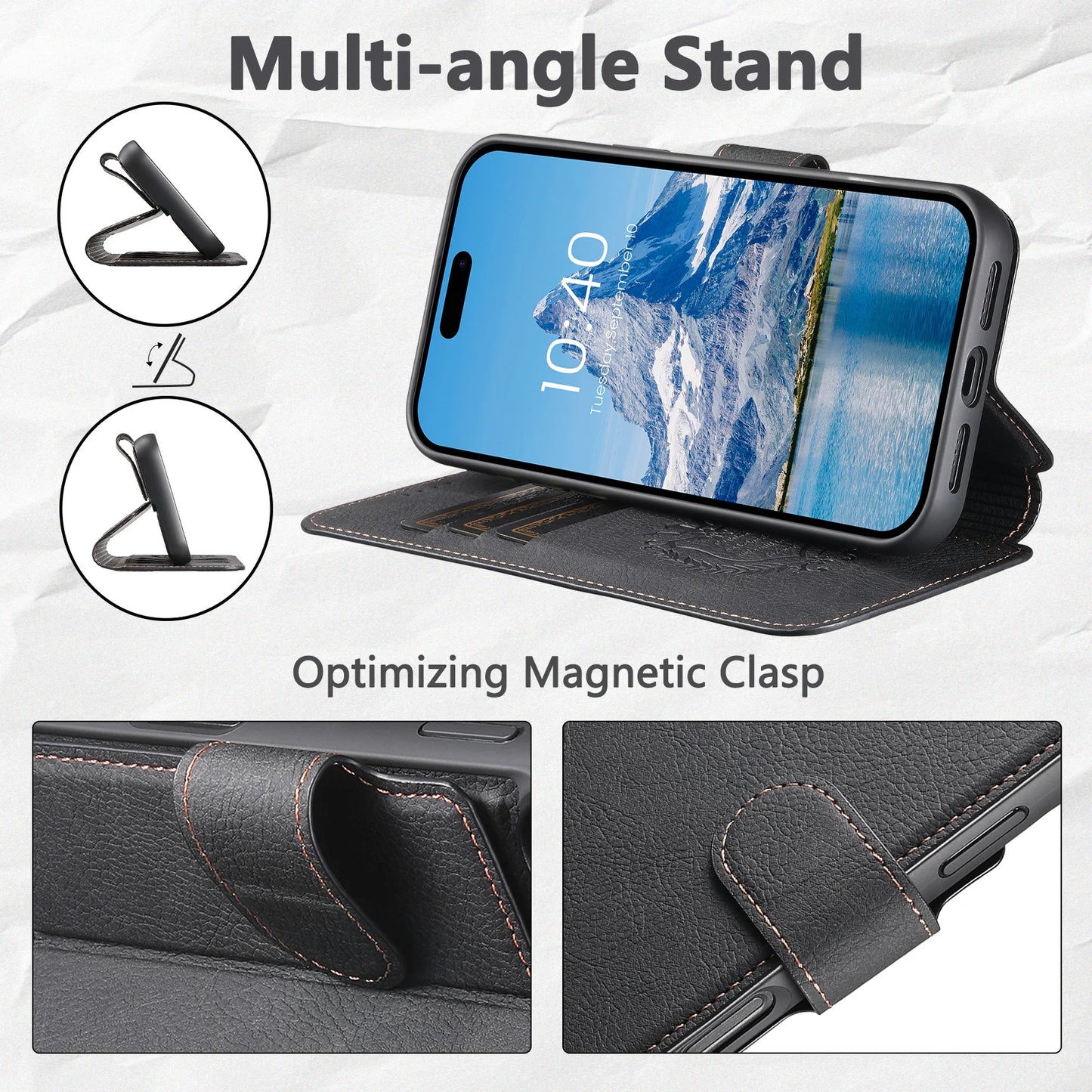 Faux Leather Wireless Charging Card Holder Stand Wallet Magnetic Flip Cover Phone Case For iPhone 17 Pro Max 16 Plus 15 14 13