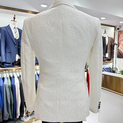 Ivory Jacquard Men Suits Peak Lapel Business Wedding Groom Tuxedos Slim Fit Blazer Vest Pants for Prom 3 Pieces Costume Homme