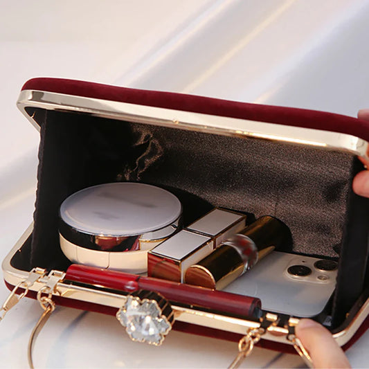 Luxury  Women Evening Bag Velvet Elegant Wedding Party Dress Banquet Clutch Bag Fashionable Metal Long Chain and Handle Purse