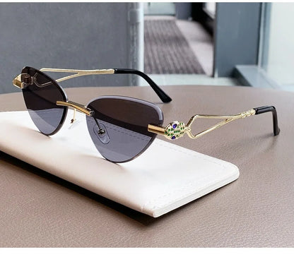 Rimless Cut Edge Cat Eye Sunglasses Gem Inlay Hollow Metal Temple UV400 Gradient Lens Shades for Women Daily Outdoor Sun Glasses