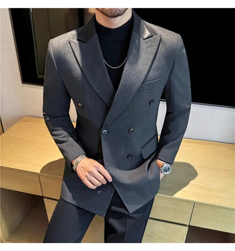 (1 Pcs Jackets) New Thicken Thicken Striped Casual Suit Jacket Fashion Splicing Leather Neck Men's Business Slim Blazers Tuxedos