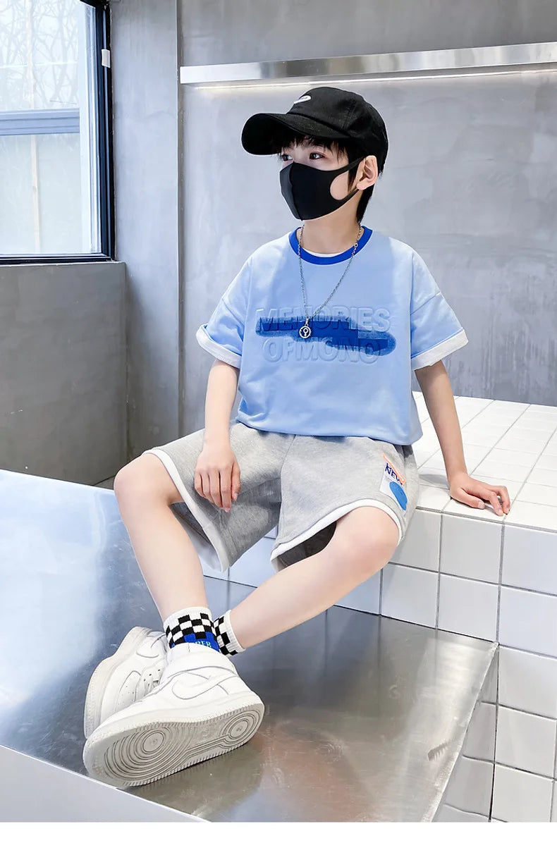 Summer Boys Cotton Alphabet Embossing t-Shirt Tops+Drawstring Short Pants Set School Kids Tracksuit Child Outfit Suit 5-16 Years