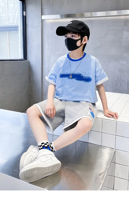 Summer Boys Cotton Alphabet Embossing t-Shirt Tops+Drawstring Short Pants Set School Kids Tracksuit Child Outfit Suit 5-16 Years