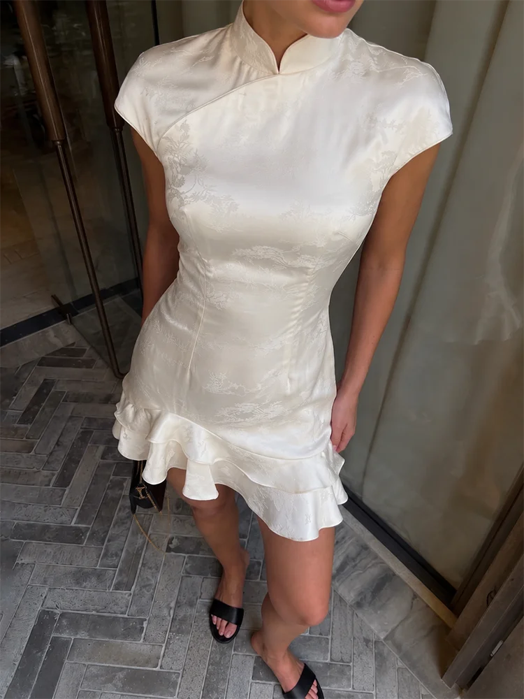 Women's Elegant Satin Evening Dress Fashion Stand Neck High Waist Slim Mini Dresses Party Sexy Short Sleeve Ruffle Dress