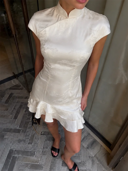 Women's Elegant Satin Evening Dress Fashion Stand Neck High Waist Slim Mini Dresses Party Sexy Short Sleeve Ruffle Dress