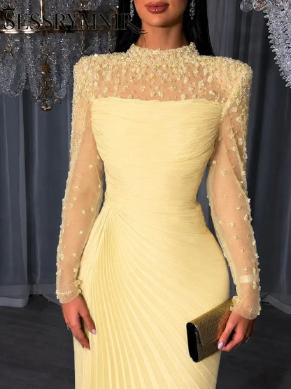 Women'S Formal Evening Gowns Customize Scoop Neck Beading Luxury Evening Dresses Long Sleeves Straight Floor-Length