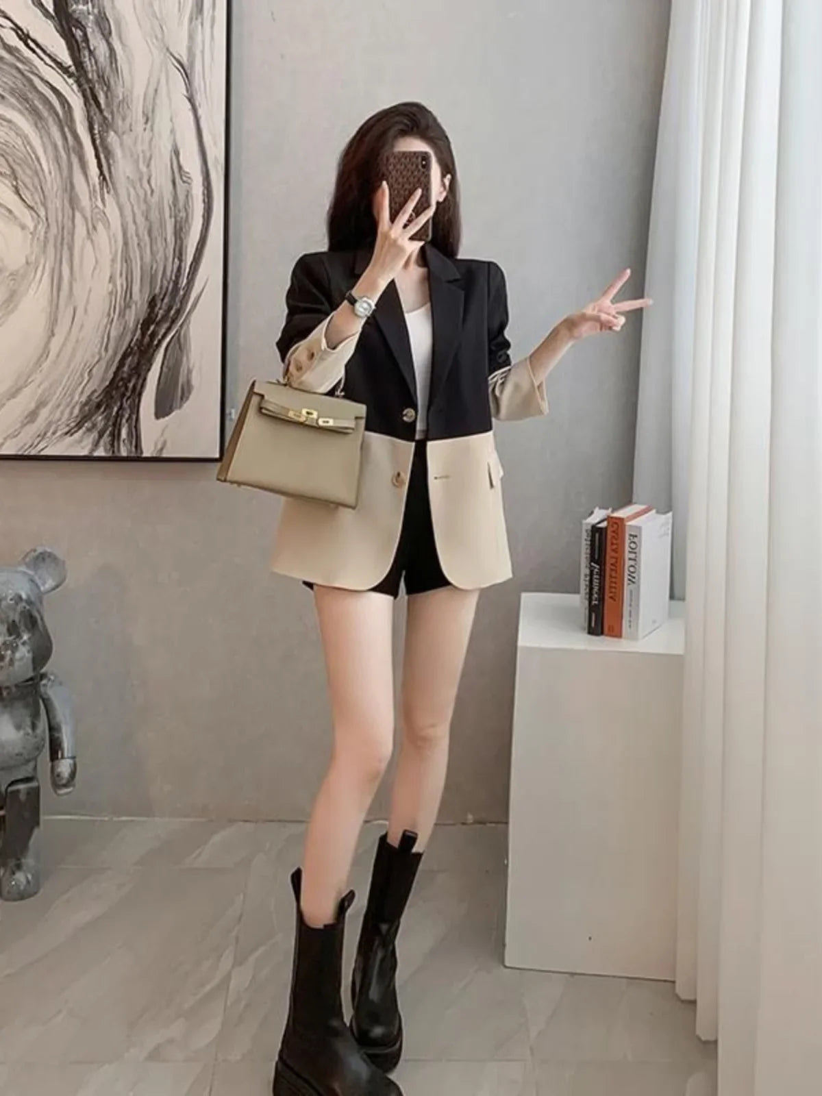 Briti Sle Loose Fit Color Blo Suit Jaet Women's Spring Autumn New Sle Korean Version Slimming Design Sense
