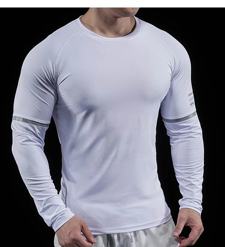 Autumn New Men's Sports Gym Fitness Clothes Reflective Strips Round Neck Training Long-sleeved T-shirt Running Slim Breathable