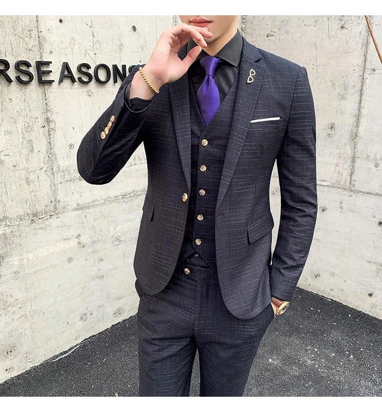High Quality Slim-fit Men's Three-piece Suit with Vest And Trousers - Double Buckle Wedding Art Fabric Tough Man Suit