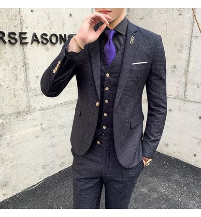High Quality Slim-fit Men's Three-piece Suit with Vest And Trousers - Double Buckle Wedding Art Fabric Tough Man Suit