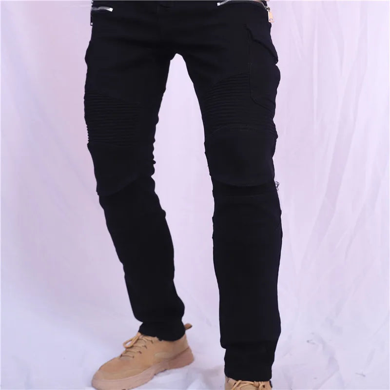 Double zipper Decoration Metal Style Motorcycle Leisure Motorcycle Men's Outdoor Riding Jeans Slim Pants With Protect Gears