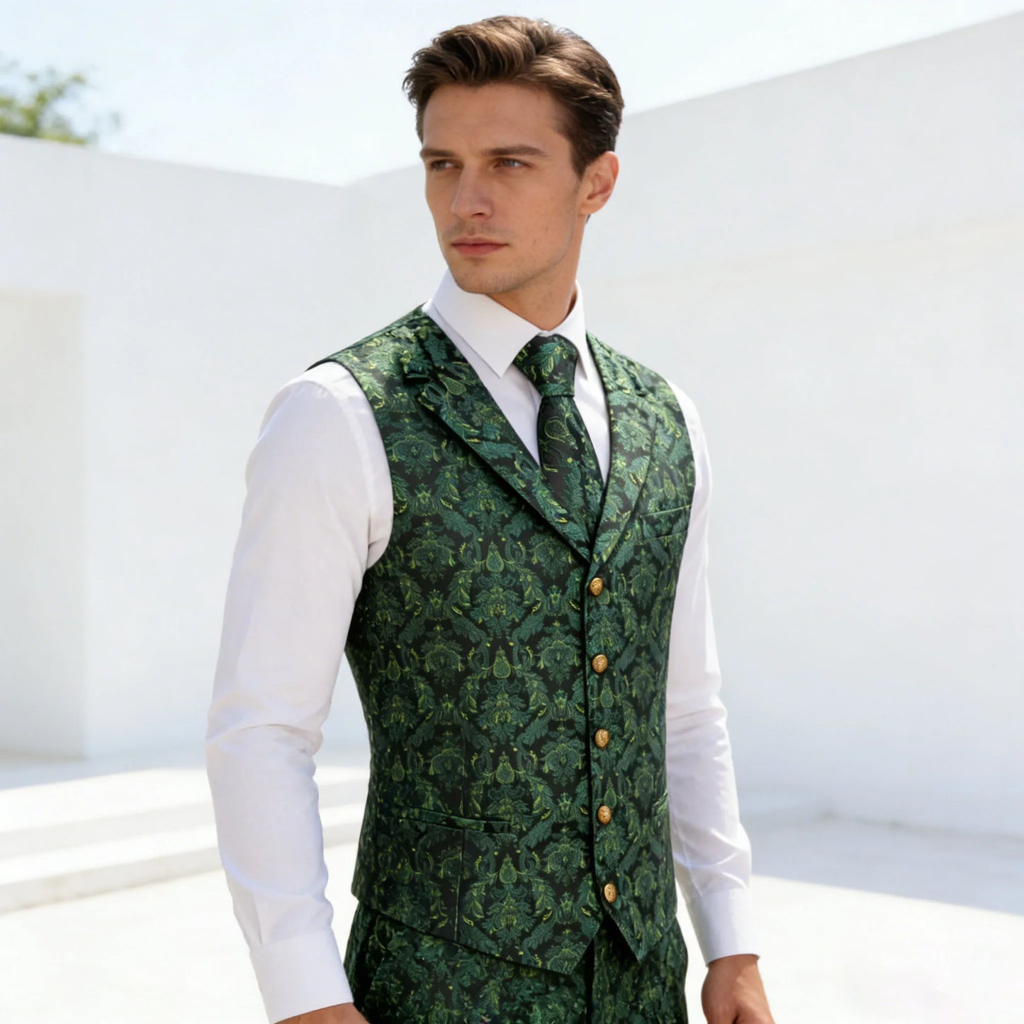 Mens Vest Green Floral Tops Tie Hanky Cufflinks Set Waistcoat Sleeveless Jacket Necktie for Male Wedding Busniess