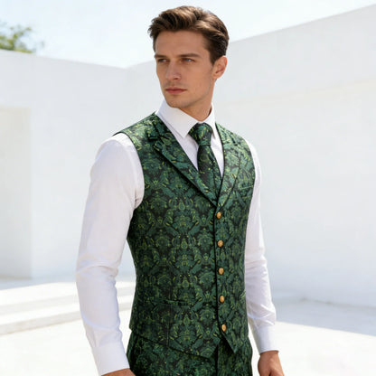 Mens Vest Green Floral Tops Tie Hanky Cufflinks Set Waistcoat Sleeveless Jacket Necktie for Male Wedding Busniess