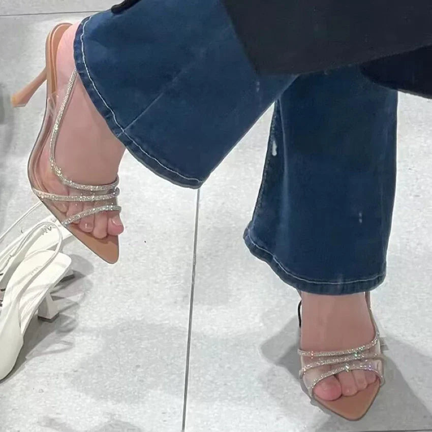 2025 Women Summer Rhinestone Slingback Pumps Office Lady Transparent Heeled Sandals Elegant Pointed Toe Female Sexy High Heels