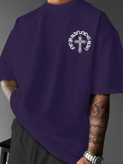 Men's Gothic Streetwear T-Shirt Ornate Cross & Circle Script Graphic Print Crew Neck Short Sleeve Polyester Tops S-XXL