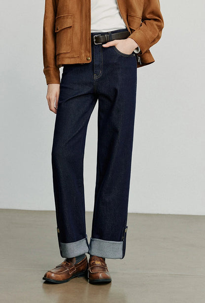 Women Denim Jeans 2025 Autumn New Lyocell Rolling Up Hem Elastic and Simple Straight Leg Ankle Length Pants
