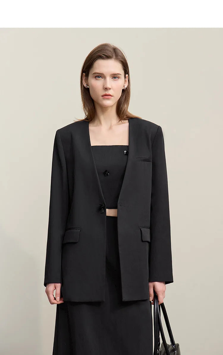 Women's Jacket 2026 Autumn New Bead Sheet Flower V-Neck Women's Blazer Straight Elegant Shoulder Pad Blazers Top 12621026