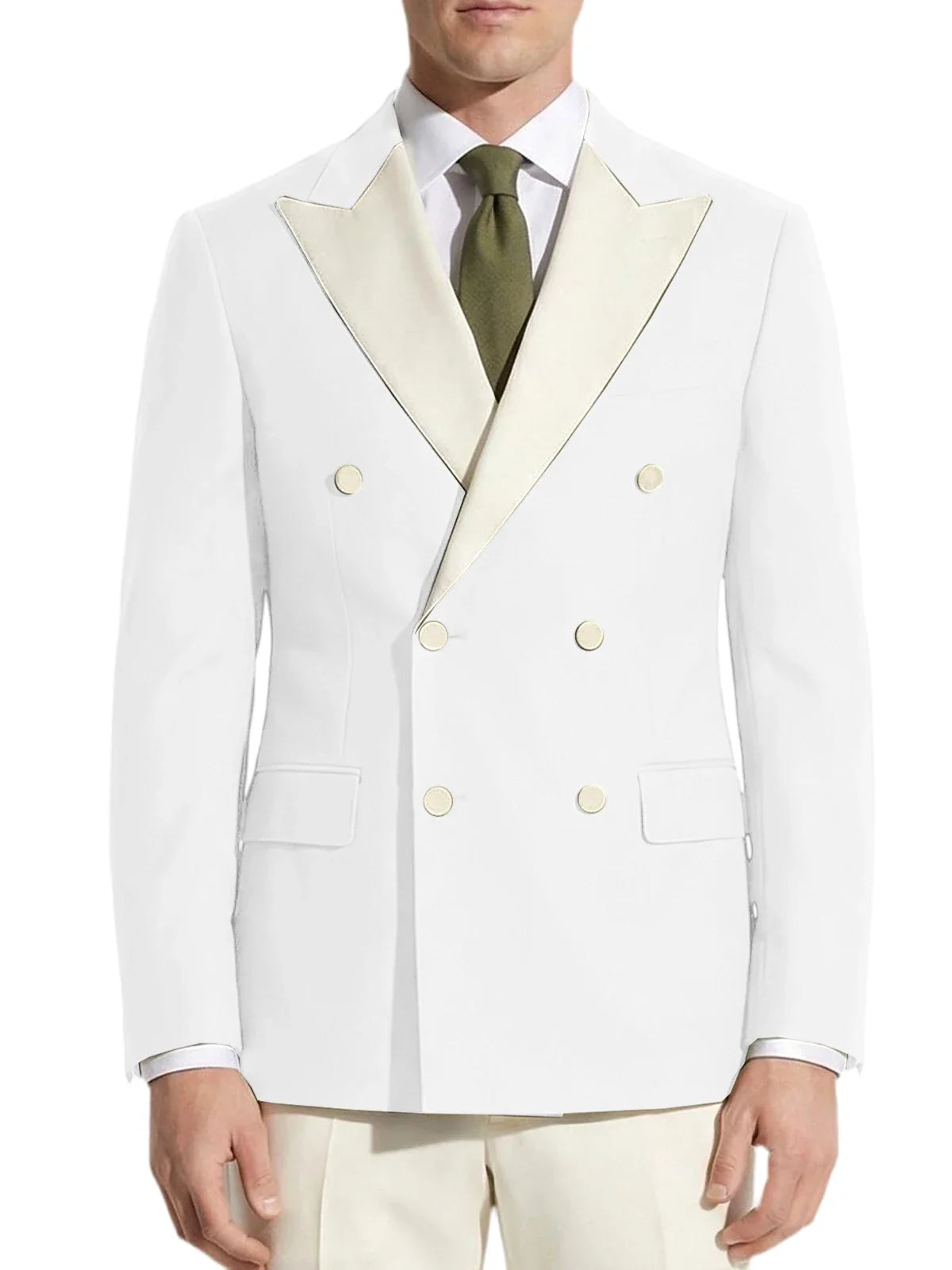 Classic Men's Tuxedo Jacket White Peak Lapel Patched Double Breasted Slim Fit Blazer for Business Formal Wedding Groom Prom Coat