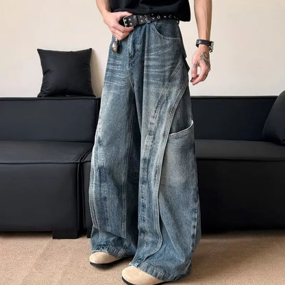 Korean Retro Jeans Men'S Curved Knife Pants Design Sense Vintage Casual Straight Leg Pants Loose Large Pocket Wide Leg Pants