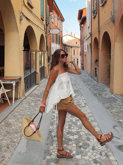 Thin Strap Square Neck Hollow Embroidery Women Cami Top Back Self Tie String Irregular Asymmetrical Lace Hem Loose Cropped Tank