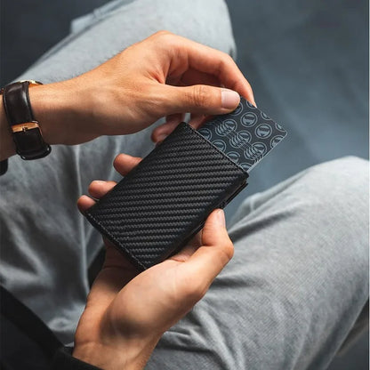 Carbon Fiber & Aluminum Men's Bifold Wallet, RFID Blocking Automatic Pop-Up Card Holder with Coin Compartments, Slim Money Purse