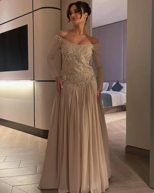 Customized High Quality Elegant Chiffon Rhinestone Beading A-line Off-the-shoulder Long Dresses Bespoke Occasion Dresses Classic