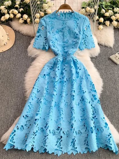Ele Summer Lace round Ne Dr Women's High Waist Slimming Long Skirt Korean Sle Commute High Softn Regular Sve