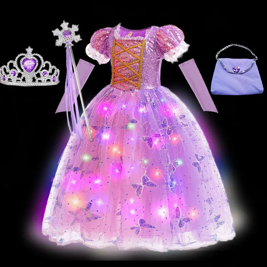 2026 Glowing Rapunzel Costume Girl LED Princess Ball Gown Christmas Light up Tangled Rapunzel Frock Toddler Girl Cosplay Dress