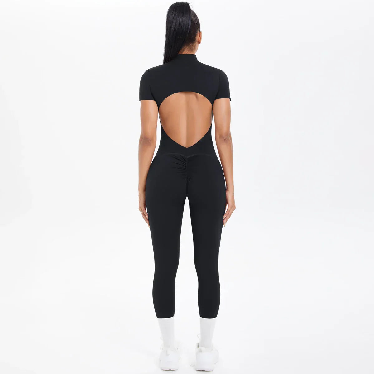 Short Sleeved Fitness Jumpsuit for Woman Bodysuits Backless Solid Color Scrunch One-Piece Suit Half Zipper Gym Yoga Sets Womens