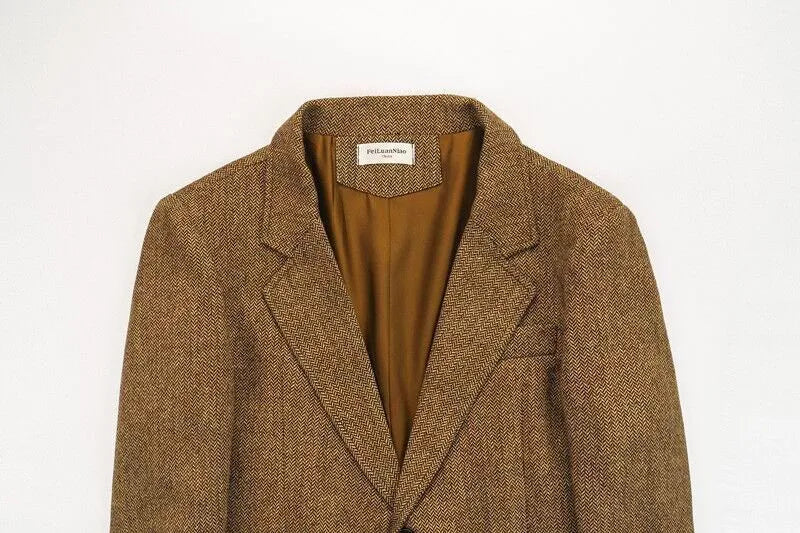 Retro British Tweed Men's Woolen Outwear Brown Wool Tweed Suit Herringbone Pattern Autumn and Winter Slim Fit Suit