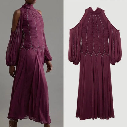 Customized Exquisite Prom Dress Chiffon Pleat Draped Rhinestone A-line High Collar Midi Dresses Occasion Party Gown for Women