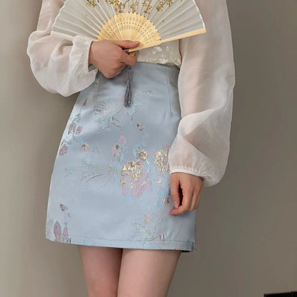 Printed skirt women's summer new jacquard national style design sense heavy industry Joker high waist slim retro skirt