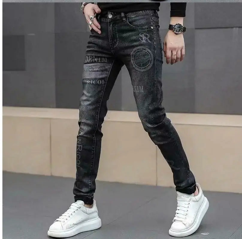 High End Stylish Classic Distinctive Printed Black Stretch Denim Jeans for Men High Quality Slim Fit Stretch Luxury Denim Pants
