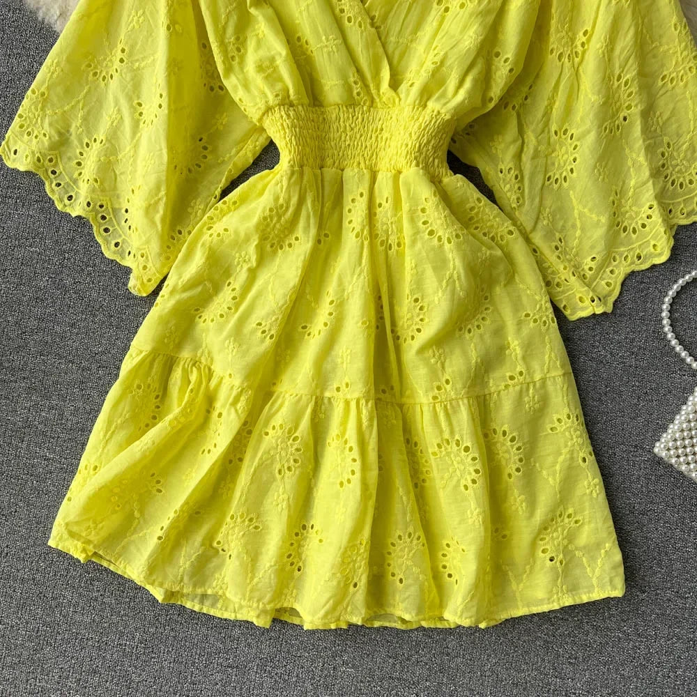 White/Purple/Blue V Neck Summer New Lace Embroidery Dress Women Short Sleeves Dresses Female Vintage Party Beach Midi Dresses