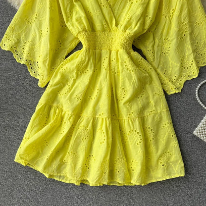 White/Purple/Blue V Neck Summer New Lace Embroidery Dress Women Short Sleeves Dresses Female Vintage Party Beach Midi Dresses
