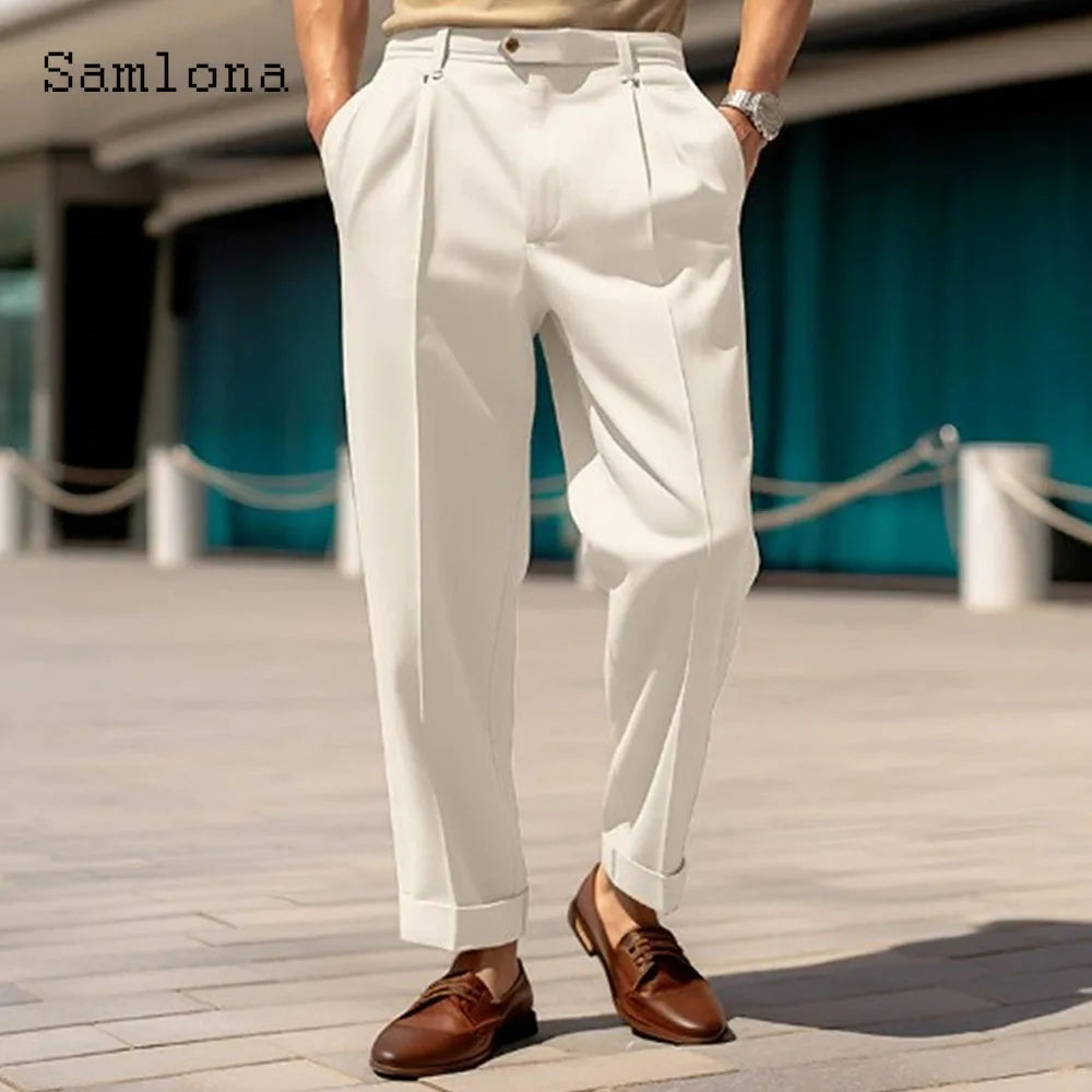 2023 Men's Stand Pocket Elegant Wide Leg Pants Solid White Party Wedding Trousers Plus Size Mens Fashion Buttons Up Suit Pants