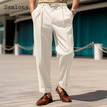 2023 Men's Stand Pocket Elegant Wide Leg Pants Solid White Party Wedding Trousers Plus Size Mens Fashion Buttons Up Suit Pants