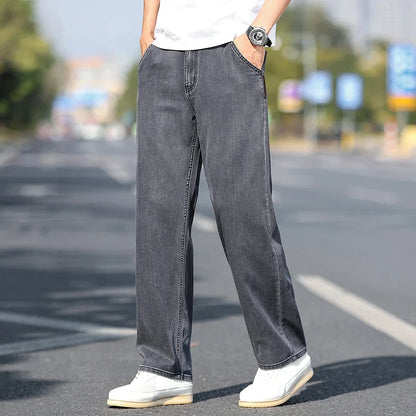 Loose Wide-leg Men's Thin Jeans Lyocell Soft Drape Fabric Comfort Trousers Spring Summer Fashion Brand Washing Denim Pants