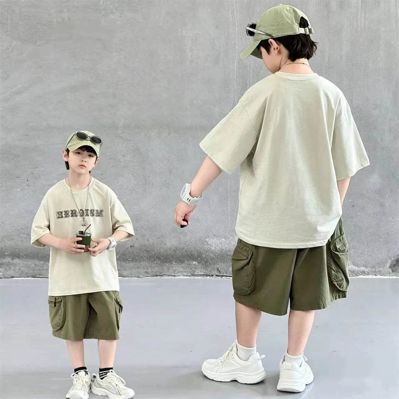 New Summer Korean Children Fashion Suit for Teen Boy Cotton Top And Bottom Set Kids Casual Tshirt Shorts 2PCS Clothing Set 7-16Y
