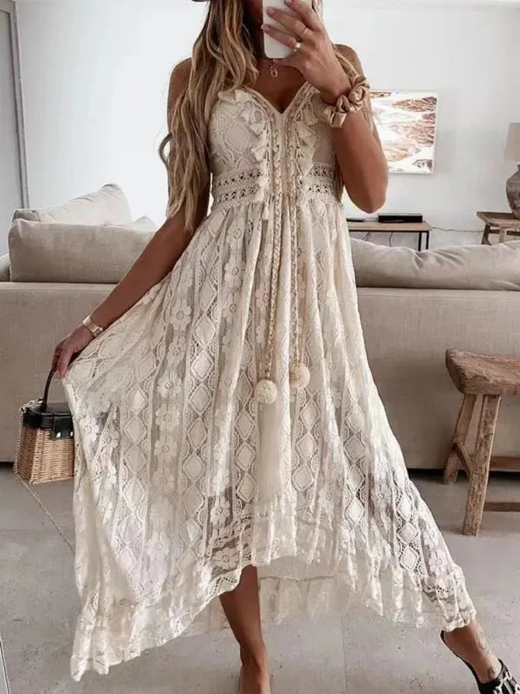 Summer Fashion Sexy Beach Vacation Long Dress Lace Sleeveless Women Dress V Neck Hollow Out Elegant Loose Dresses