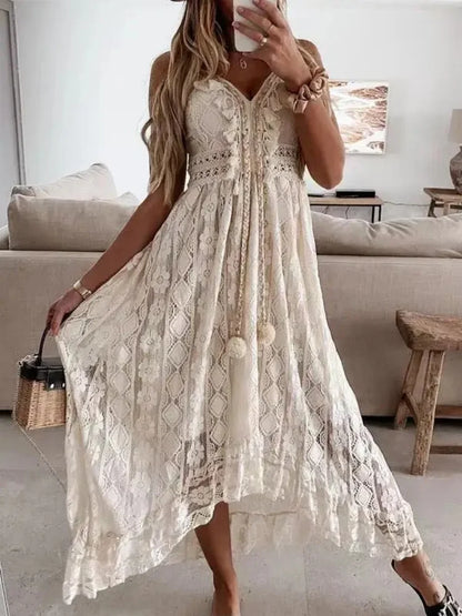 Summer Fashion Sexy Beach Vacation Long Dress Lace Sleeveless Women Dress V Neck Hollow Out Elegant Loose Dresses