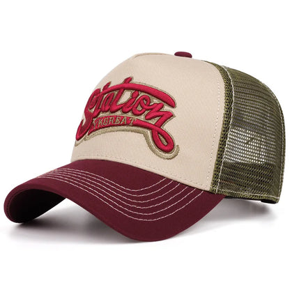 New Unisex American Locomotive Letter Embroidery Baseball Hats Sunshade Color Block Breathable Retro Trucker Caps Versatile Mesh