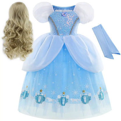 Princess Cinderella Girls Cosplay Cinderella Blue Short Sleeves Costume Kid Halloween Birthday Party Dress + Sleeves Suit
