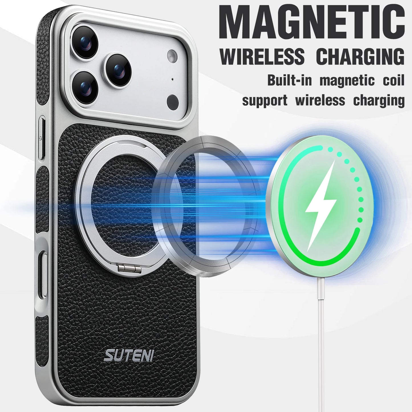Faux Leather Magnet Wireless Charging Phone Case 360° Rotating Stand Ring Buckle Frosted Feel For iPhone 17 Pro Max 16 15