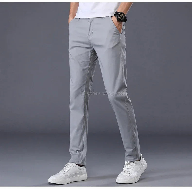 Summer Thin Men's Casual Pants Cotton 7 Colors Classic Style Elastic Straight Slim Fit Business Fashion Long Trousers Male