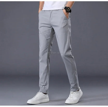 Summer Thin Men's Casual Pants Cotton 7 Colors Classic Style Elastic Straight Slim Fit Business Fashion Long Trousers Male