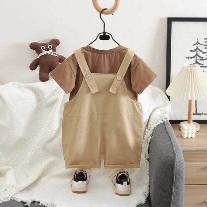 New Toddler Summer Baby Boys/Girls Clothes Children Solid T-Shirt+Cartoon Lion Bib Pants 2Pcs/Set Infant Kids Fashion Tracksuits