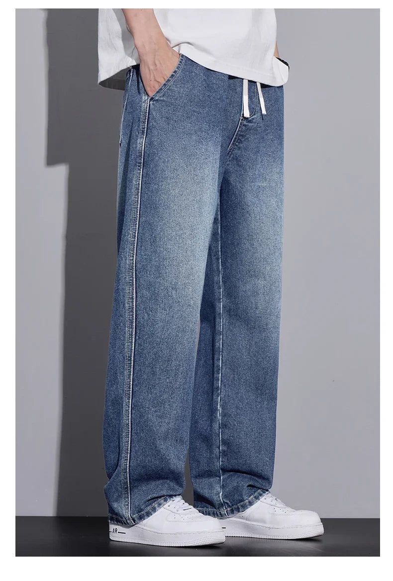 Men's Clothing Wide-leg Pants Baggy Jeans Streetwear Straight Fashion Denim Trousers Y2k Vintage Washed Elastic Waist Man Pants