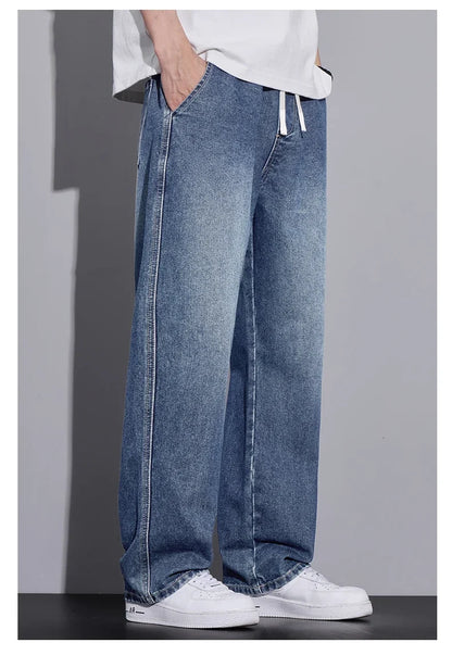 Men's Clothing Wide-leg Pants Baggy Jeans Streetwear Straight Fashion Denim Trousers Y2k Vintage Washed Elastic Waist Man Pants
